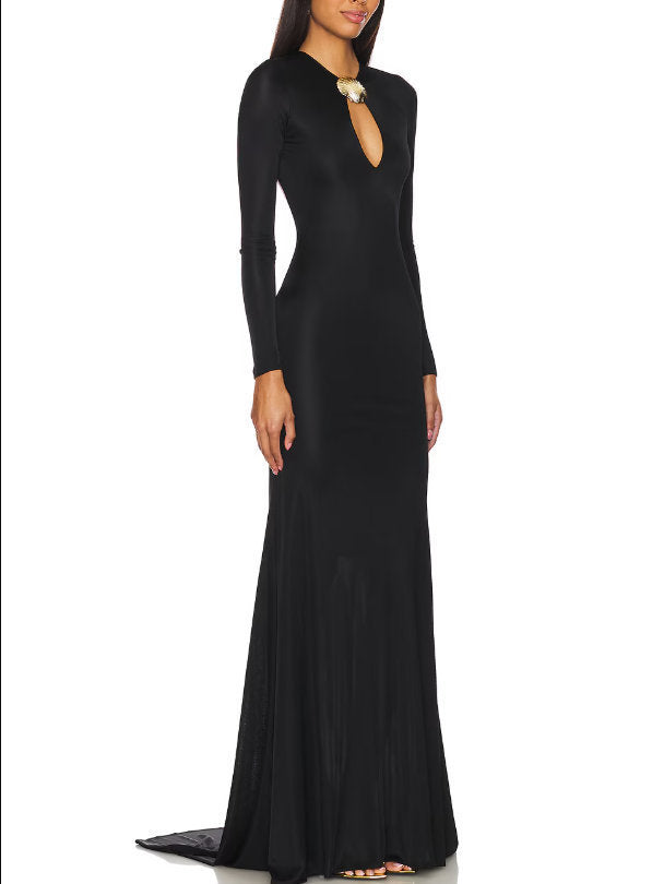 Long Black Stretch Jersey Gown with Gold Sea Shell Embellishment