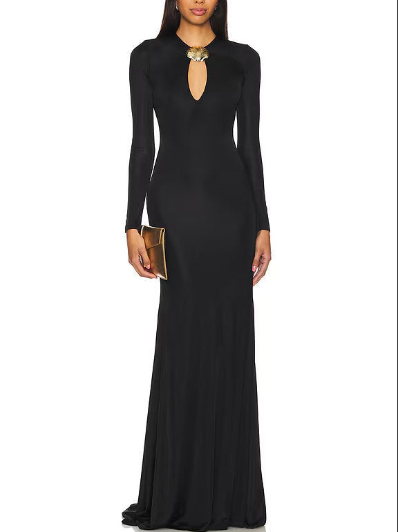 Long Black Stretch Jersey Gown with Gold Sea Shell Embellishment