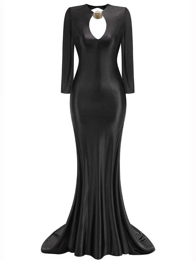 Long Black Stretch Jersey Gown with Gold Sea Shell Embellishment