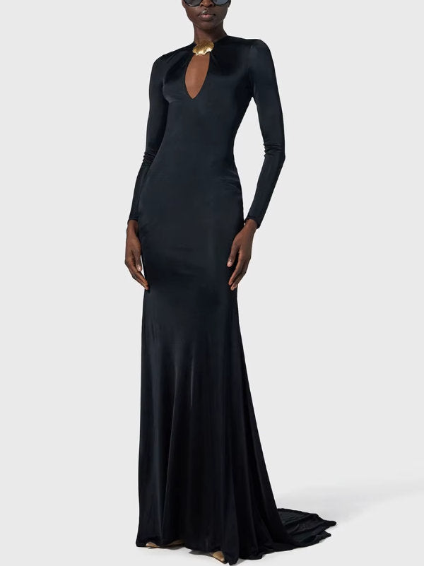 Long Black Stretch Jersey Gown with Gold Sea Shell Embellishment