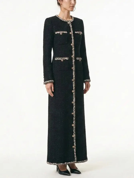 Long Black Tweed Coat with Braided Trim - Coats