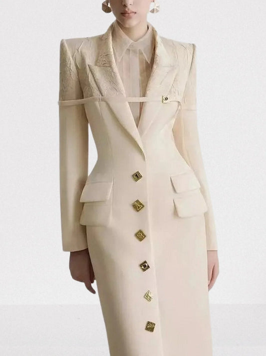 Long Cream Blazer Coat with Decorative Buttons - Coats