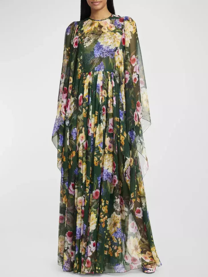 Long Garden-Print Chiffon Dress