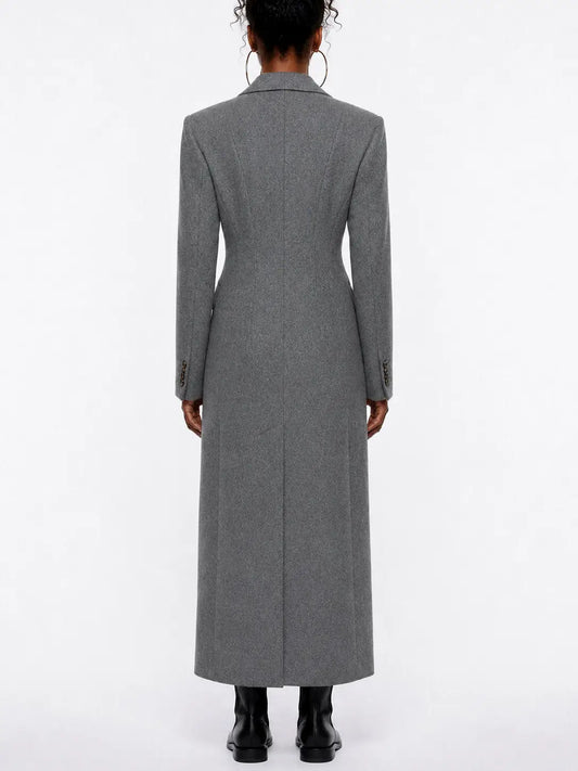 Long Grey Wool Coat with Notched Lapels - Coats