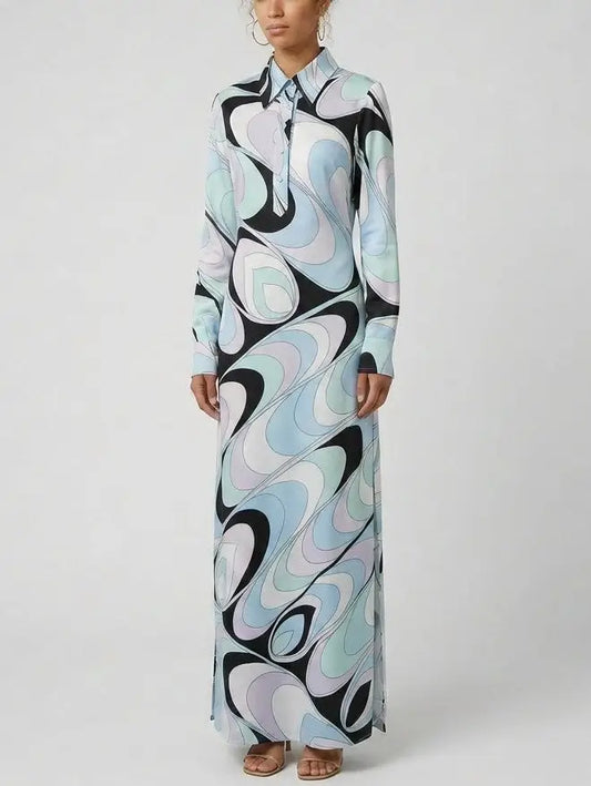 Long Jersey Silk Abstract Print Shirt Dress - Dresses