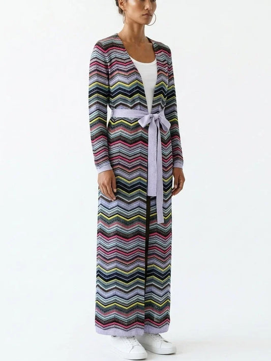 Long Multicolored Chevron Cardigan with Tie Belt - Sweaters & Knitwear