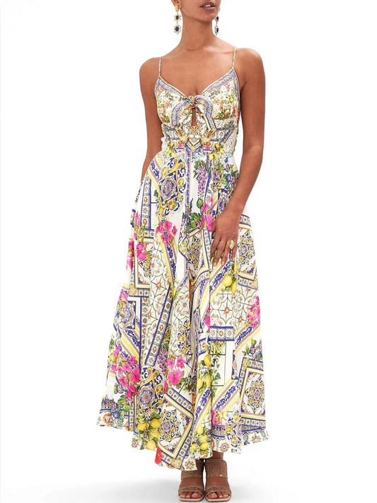 Long Printed Silk Dress with Front Tie - Dresses