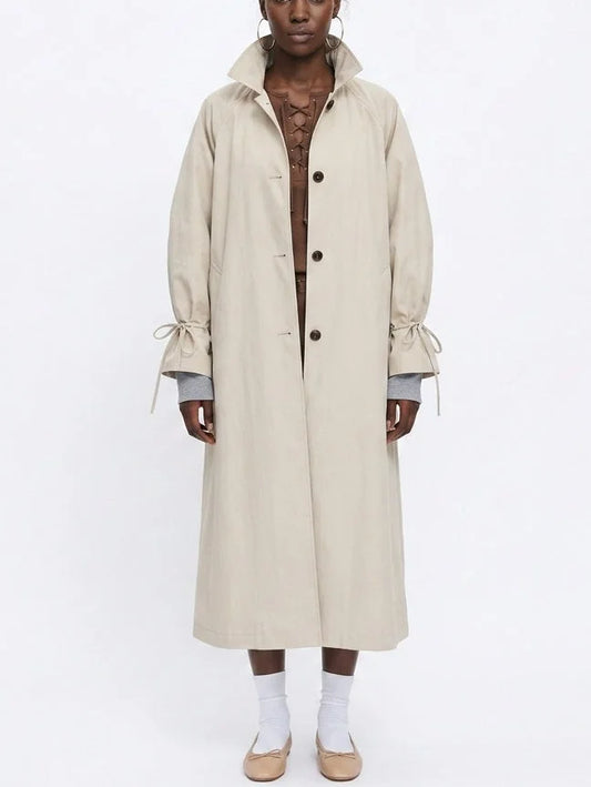 Long Single-Breasted Trench Coat with Tie Cuffs - Coats