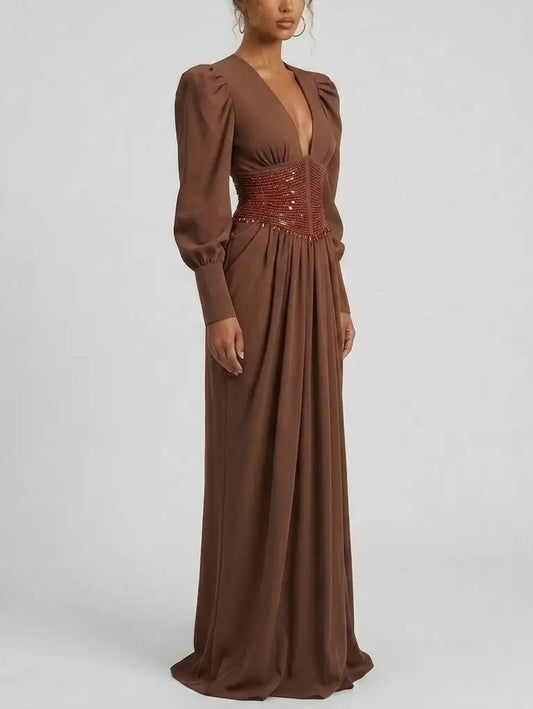 Long Sleeve Maxi Dress with Beaded Waist Belt - Dresses