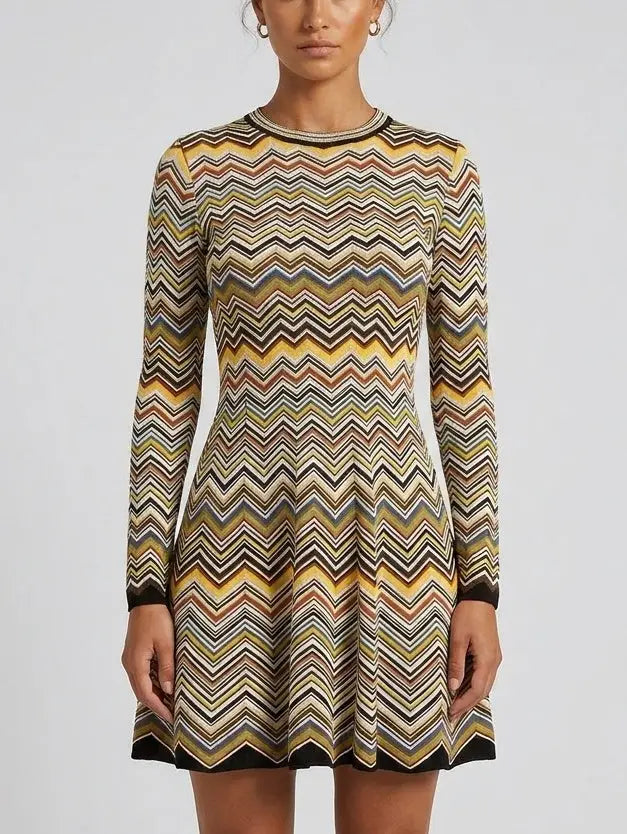 Long Sleeve Zig Zag Knit Fit and Flare Mini Dress - Dresses