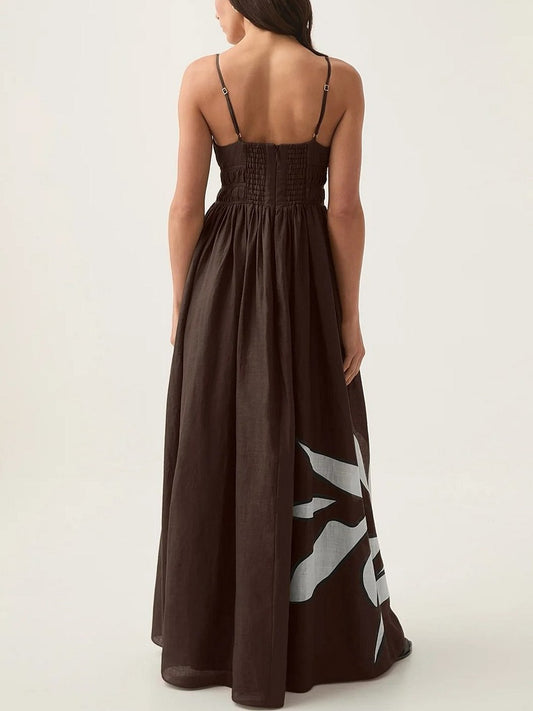 Long Sleeveless Smocked Dress with Printed Leaves - Dresses