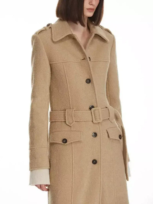 Long Structured Wool Belted Coat - Coats
