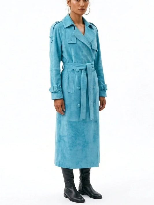 Long Turquoise Blue Suede Belted Trench Coat - Coats