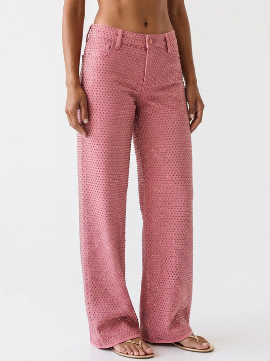 Low Rise Pink Crystal Embellished Wide Leg Jeans - Jeans & Pants
