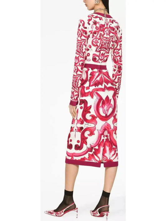 Majolica Print Pencil Midi Dress - Branna Couture