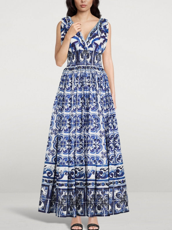 Majolica-Print Long Poplin Dress