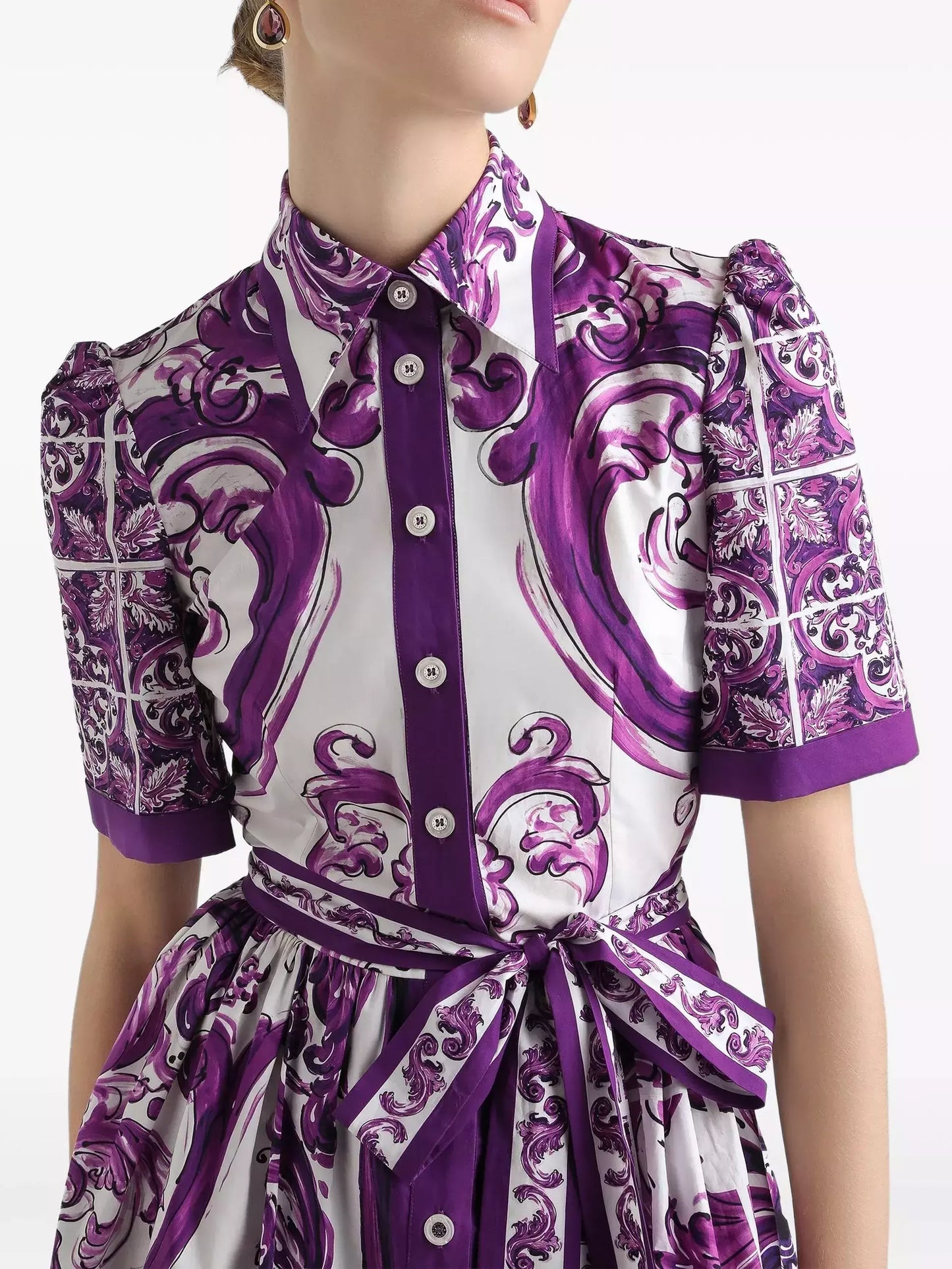 Majolica Italian Print Cotton Poplin Midi Shirt Dress