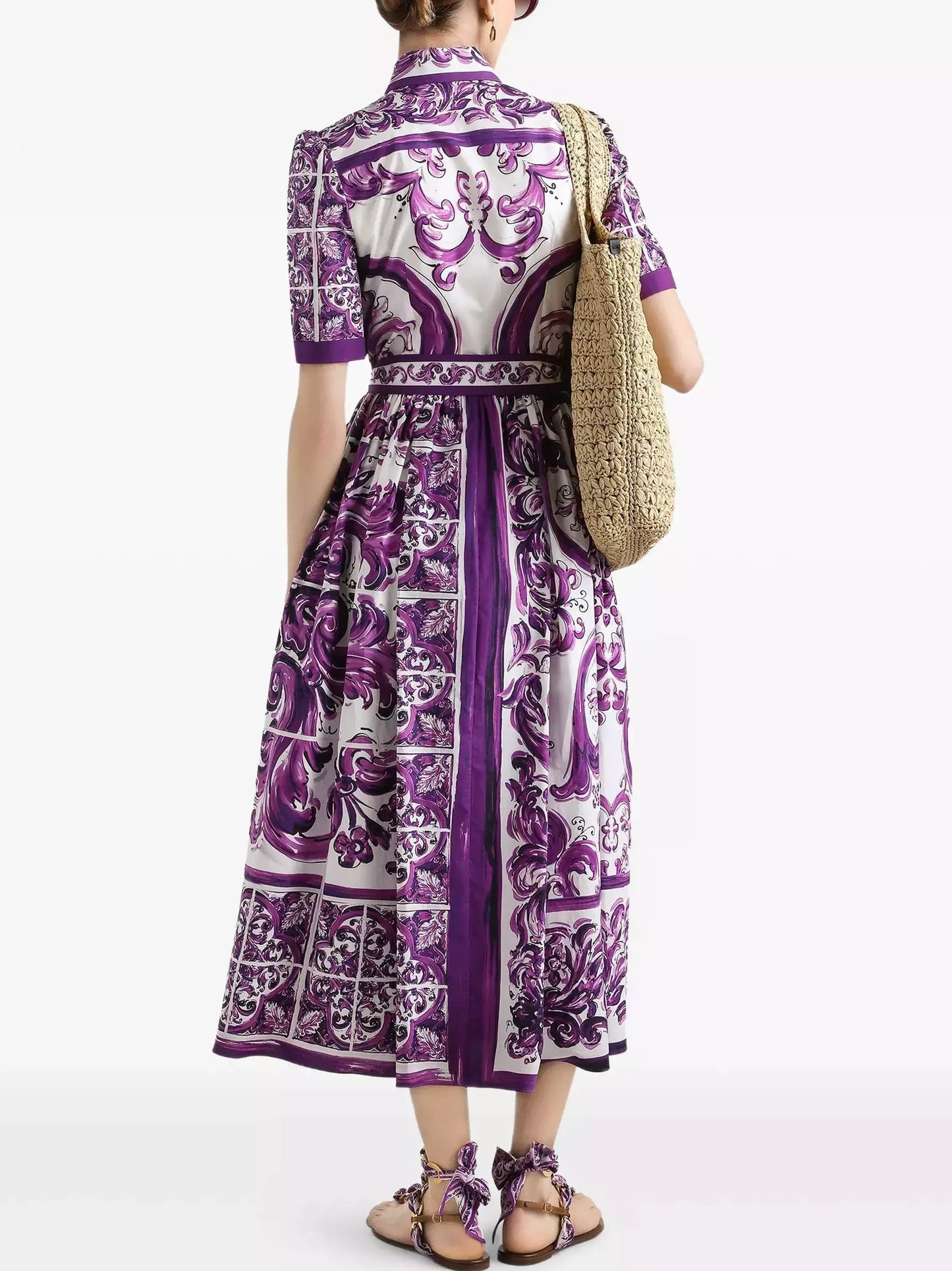 Majolica Italian Print Cotton Poplin Midi Shirt Dress