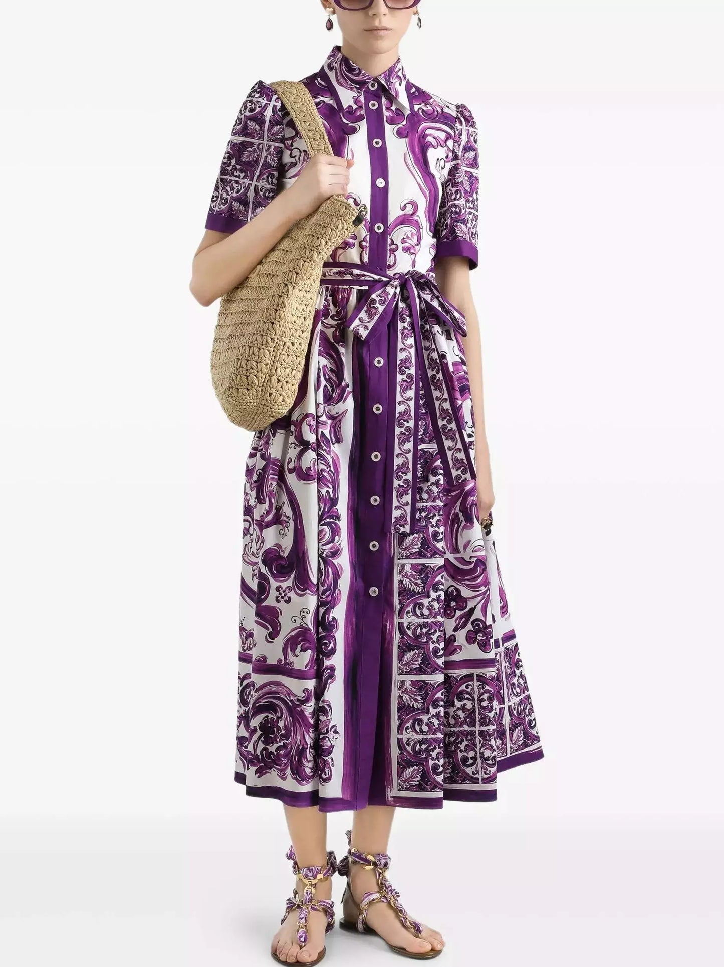 Majolica Italian Print Cotton Poplin Midi Shirt Dress