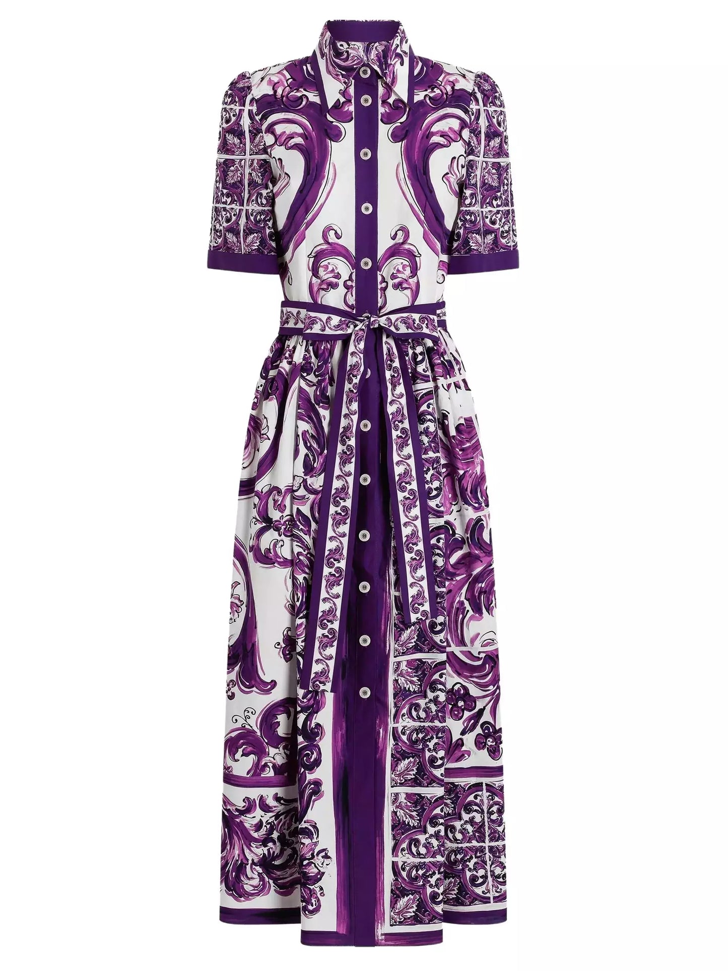 Majolica Italian Print Cotton Poplin Midi Shirt Dress
