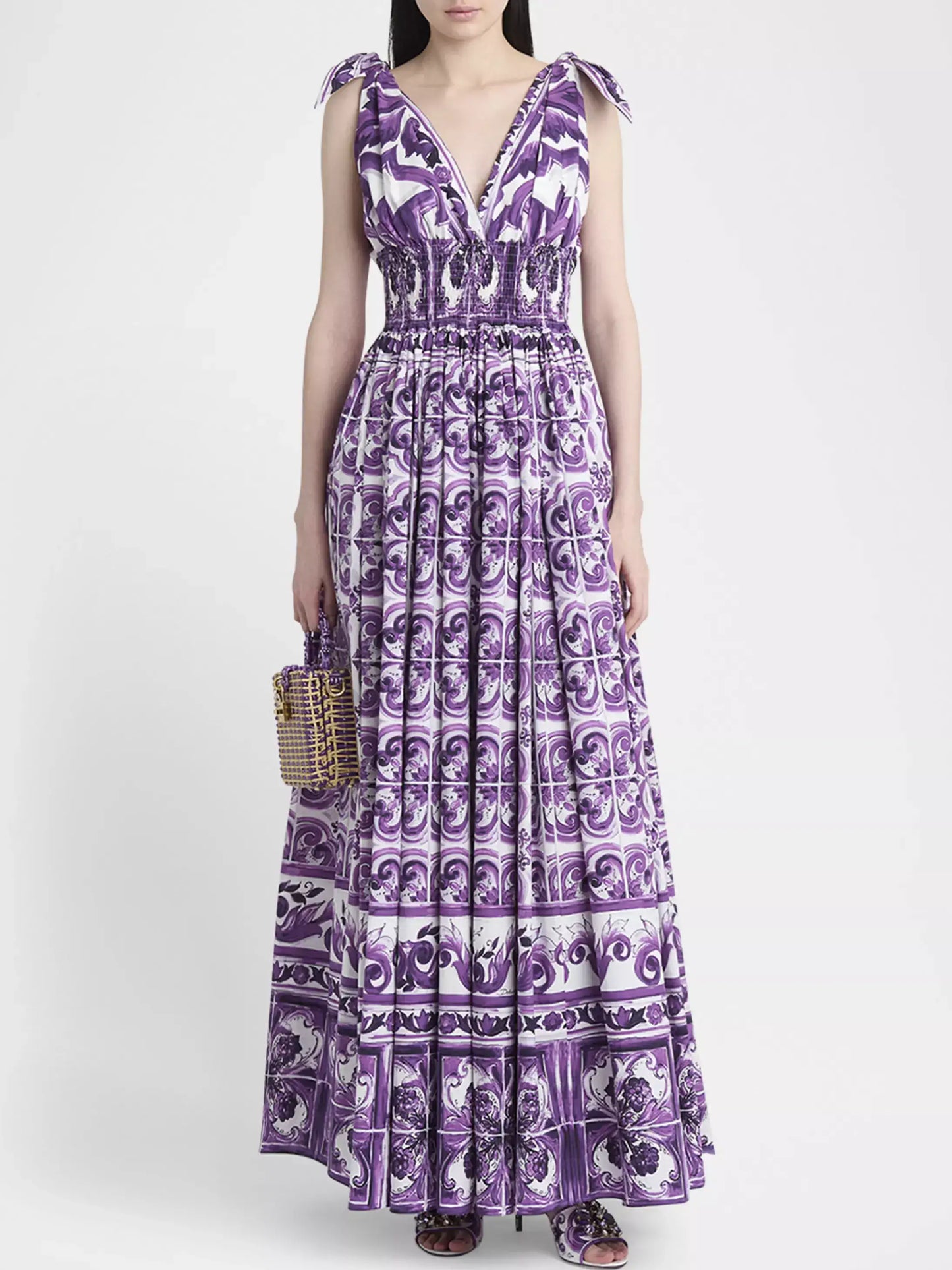 Majolica Print Halter Maxi Dress - s / Purple - Dresses
