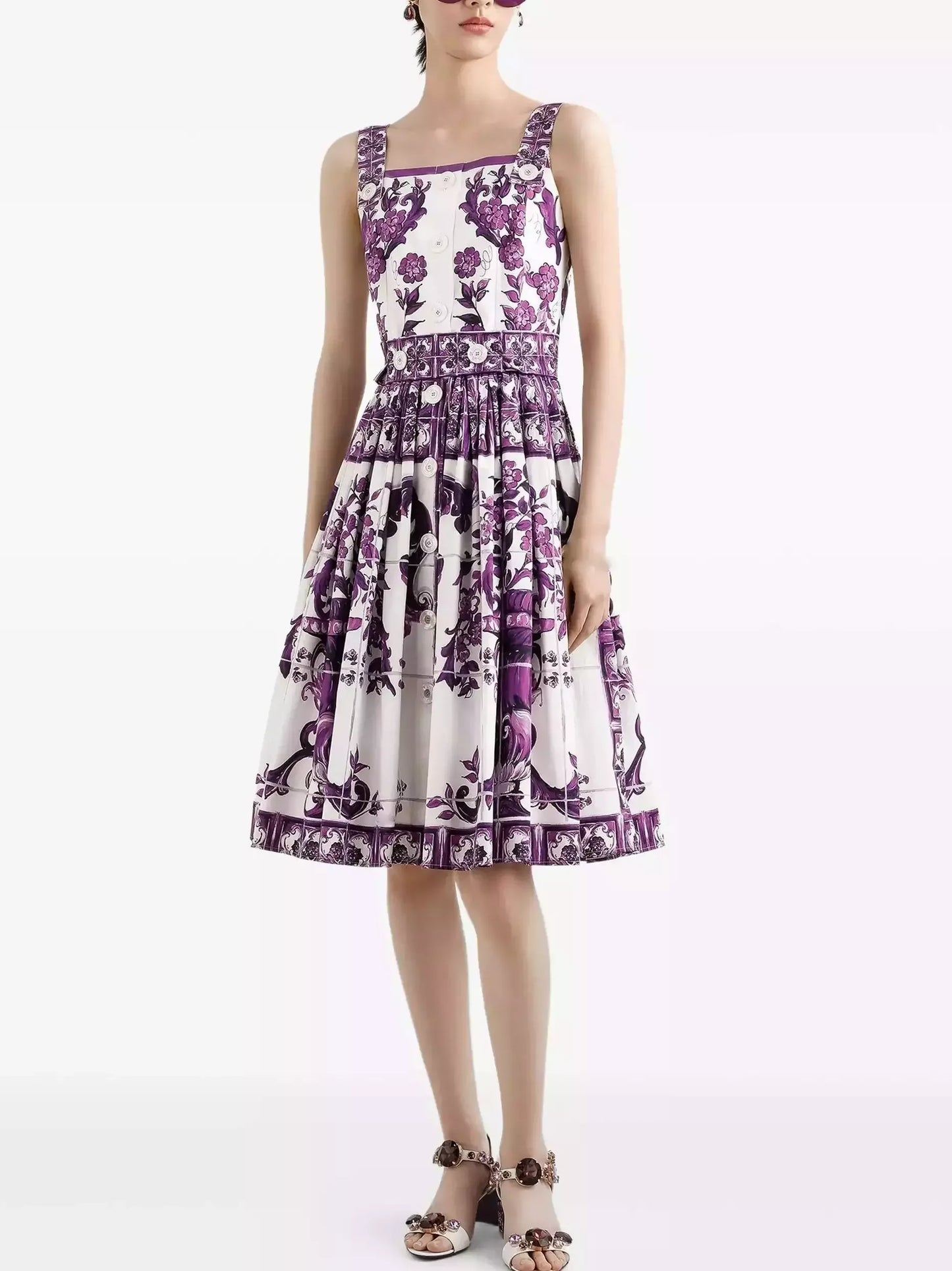 Majolica Print Purple and White Fit and Flare Sundress - Dresses