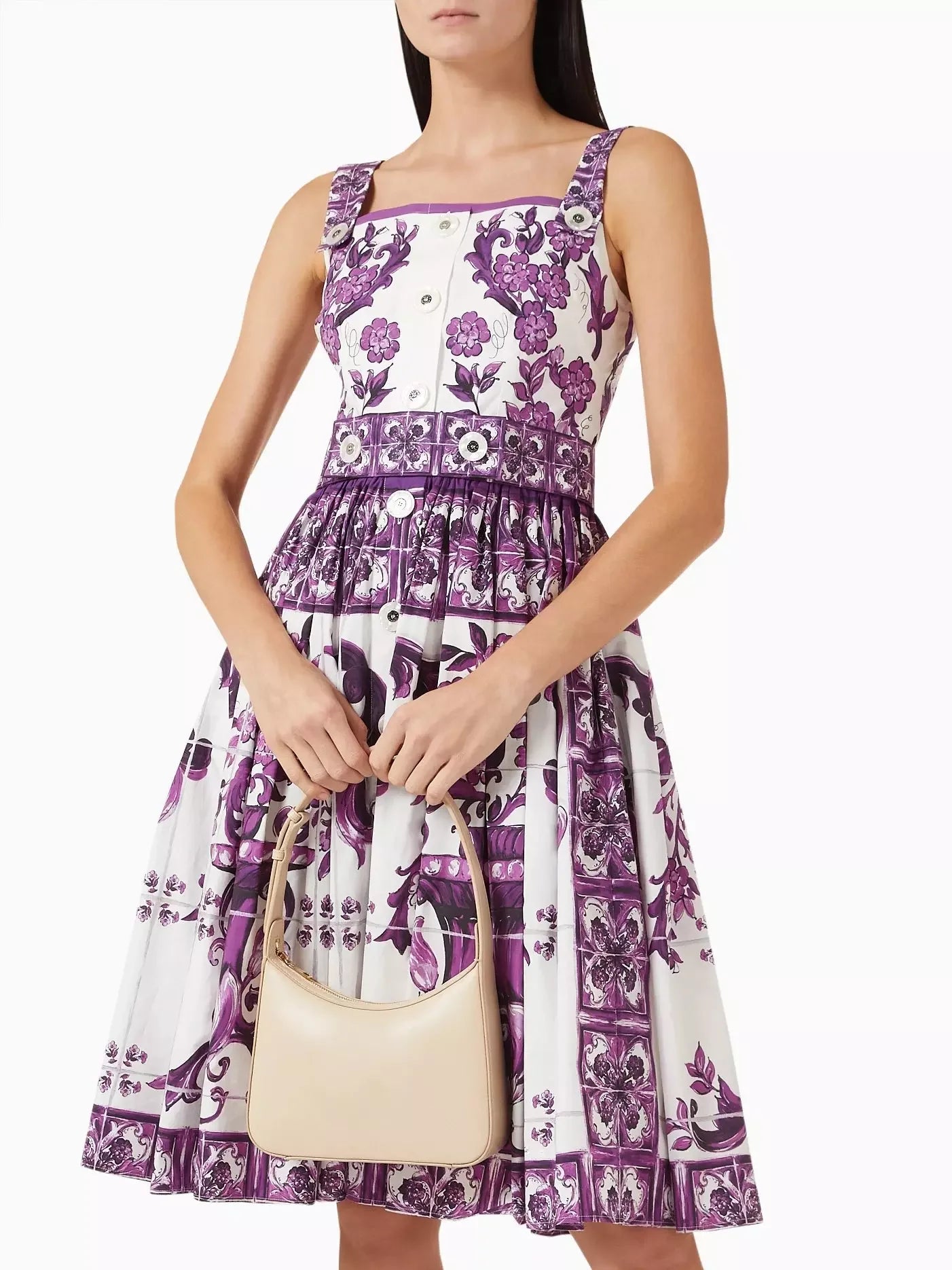 Majolica Print Purple and White Fit and Flare Sundress - Dresses