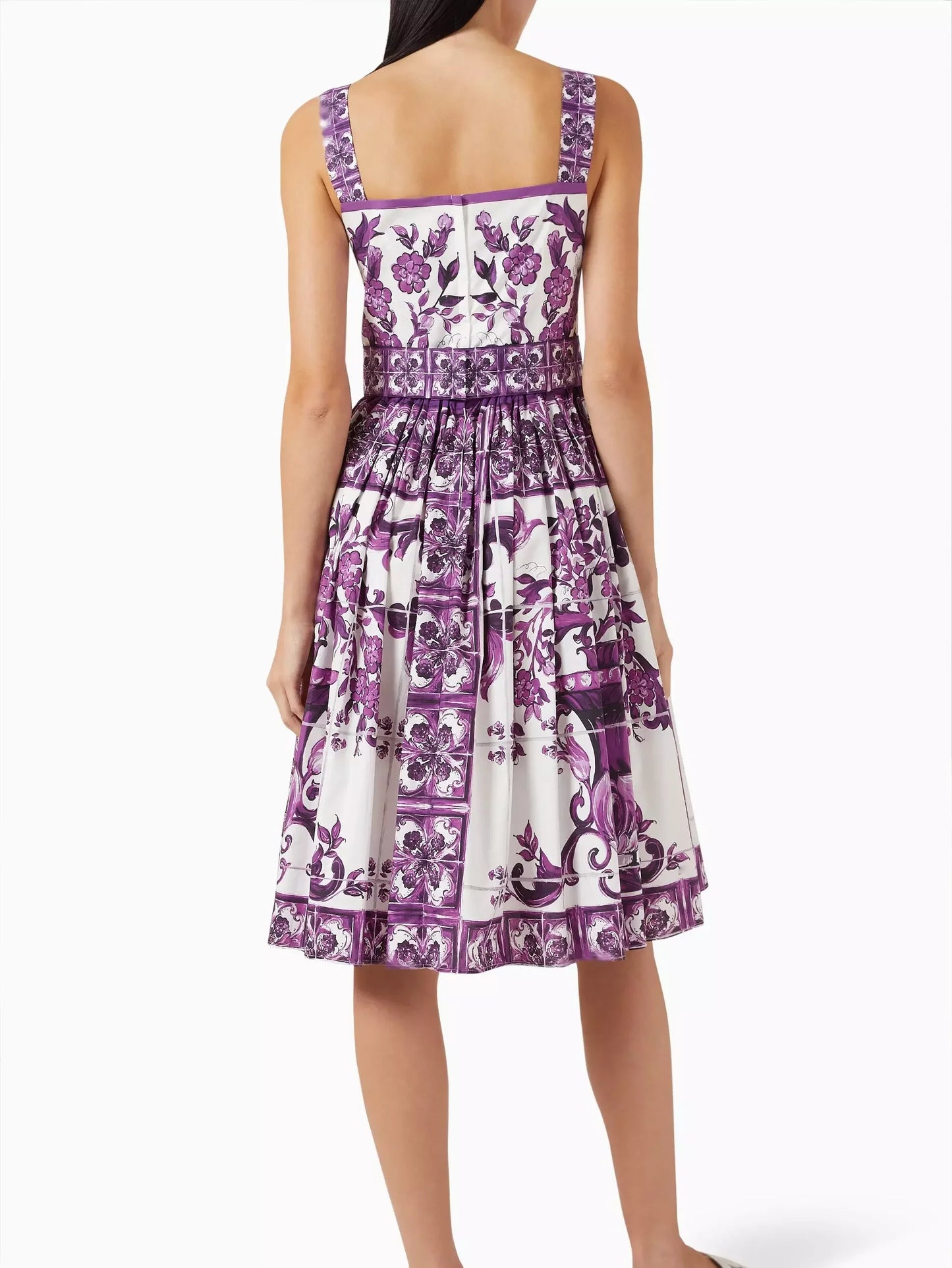 Majolica Print Purple and White Fit and Flare Sundress - Dresses