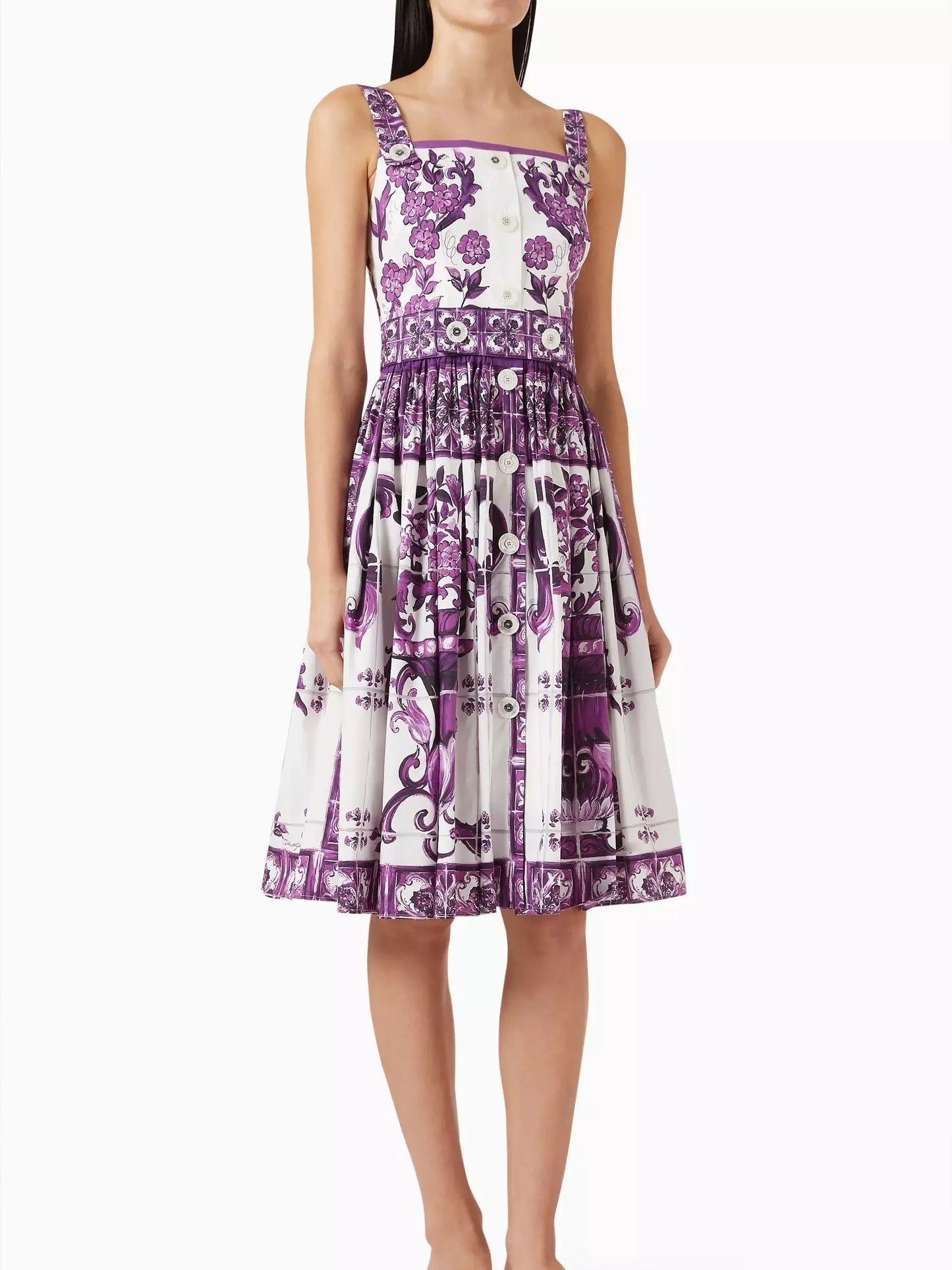 Majolica Print Purple and White Fit and Flare Sundress - Dresses