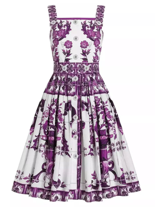 Majolica Print Purple and White Fit and Flare Sundress - Dresses