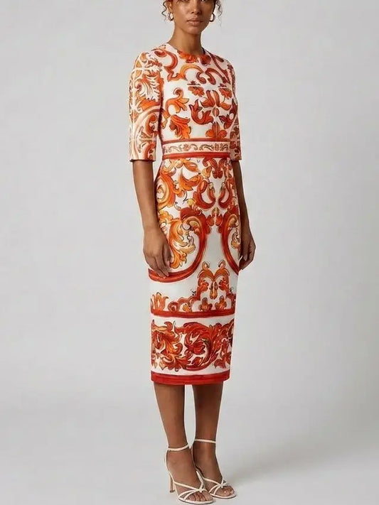 Majolica Print Silk Half Sleeve Midi Dress - Dresses