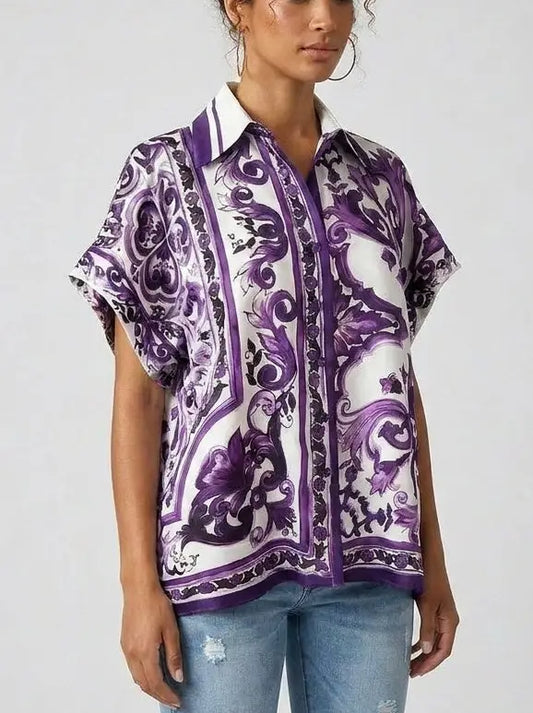 Majolica Scroll Print Cotton Short Sleeve Shirt - Tops