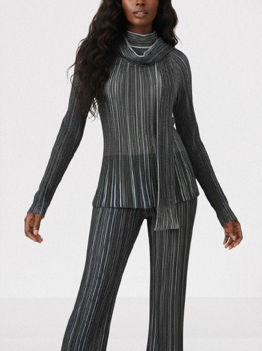 Metallic Ribbed Knit Top and Pants Set with Scarf - Suits & Sets
