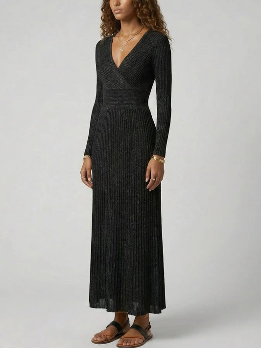 Metallic Ribbed Knit Wrap-Front Maxi Dress - Dresses