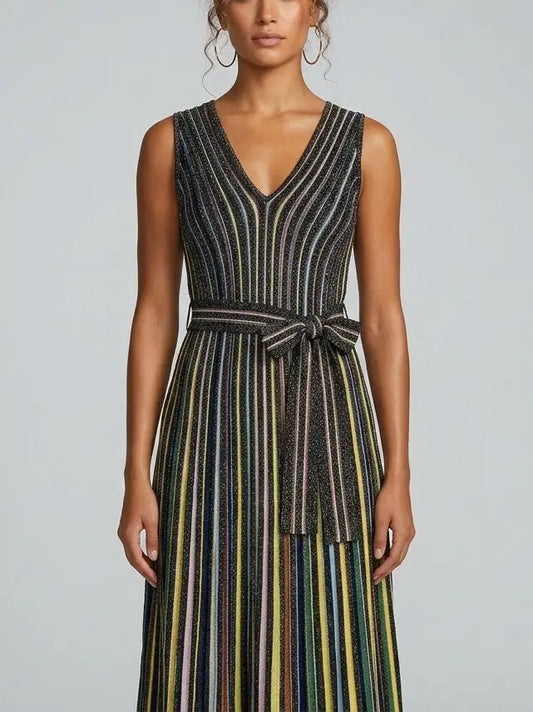 Metallic Stripe Knit Belted Maxi Dress - Dresses