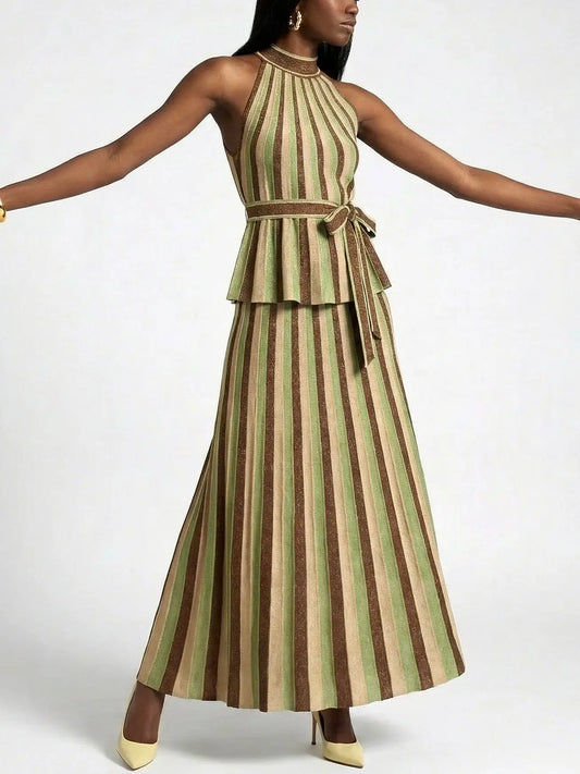 Metallic Striped Knit Halter Top and Skirt Set - Suits & Sets