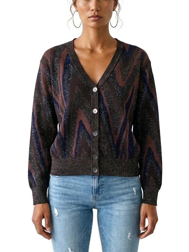 Metallic Zig Zag Stripe V-Neck Cardigan Sweater - Sweaters & Knitwear