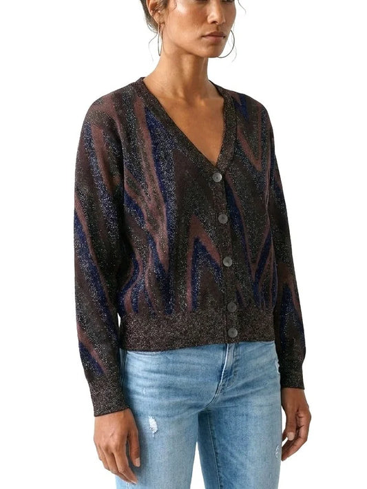 Metallic Zig Zag Stripe V-Neck Cardigan Sweater - Sweaters & Knitwear