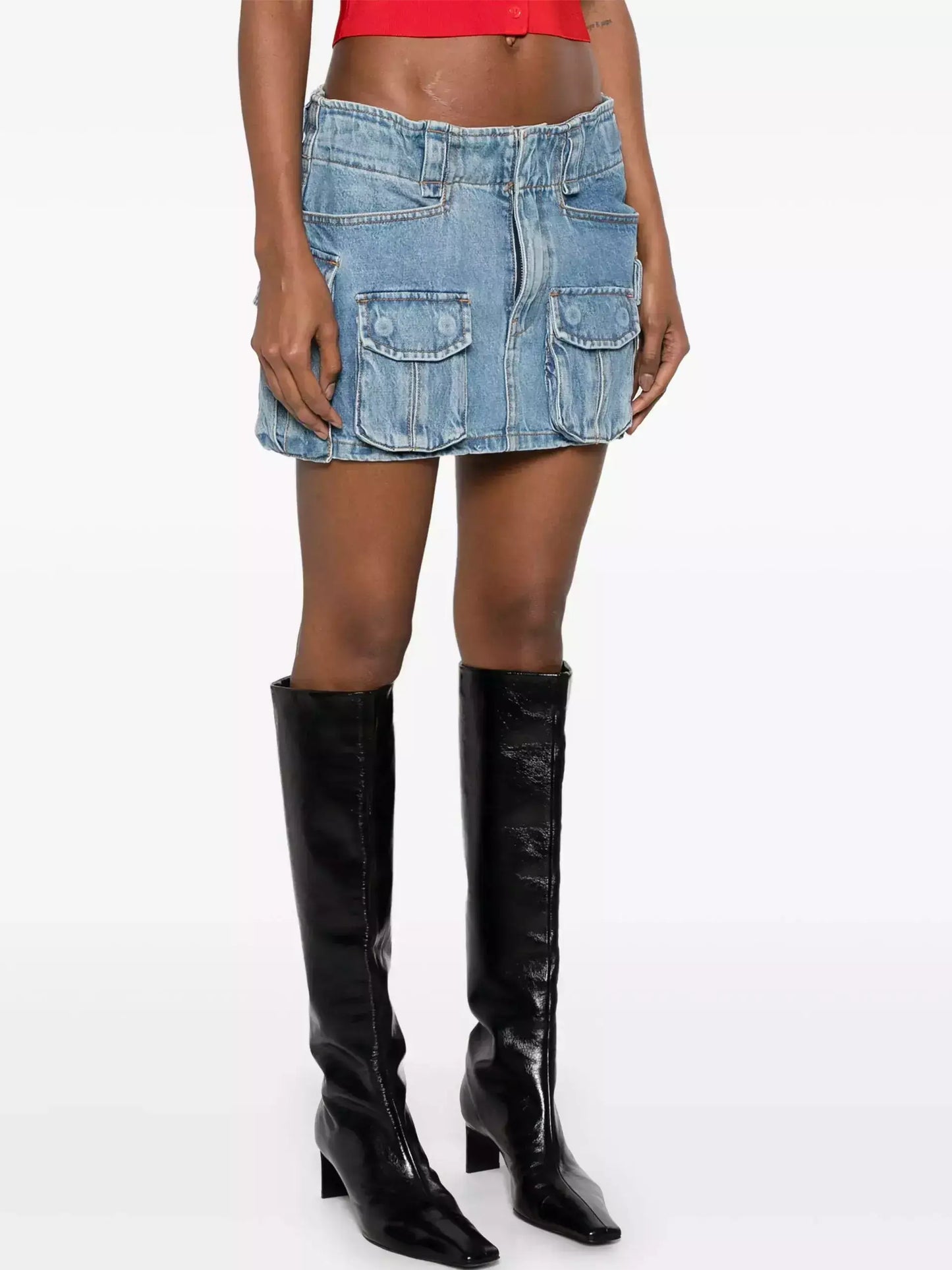 Mid-Rise Denim Cargo Pocket Mini Skirt - Skirts