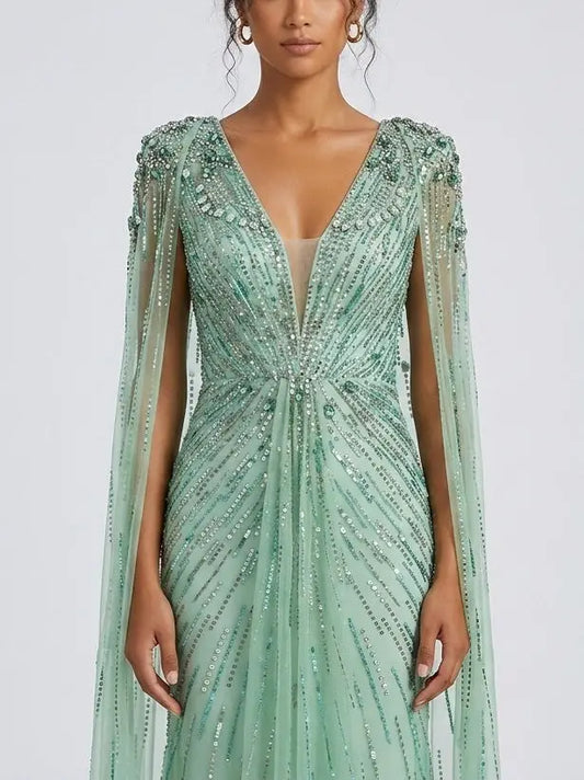 Mint Green Embellished Cape Evening Gown - Dresses