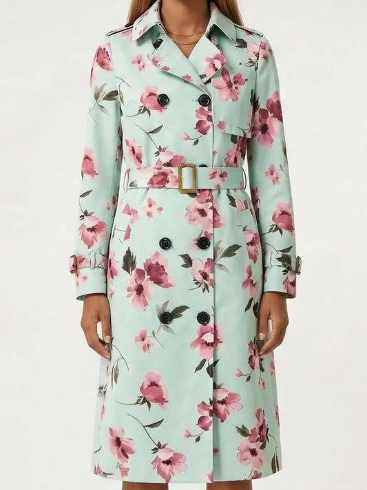 Mint Green Floral Belted Trench Coat - Coats