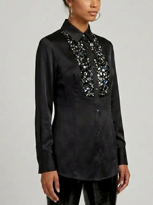 Mirror Paillette Embellished Silk Black Shirt - Tops