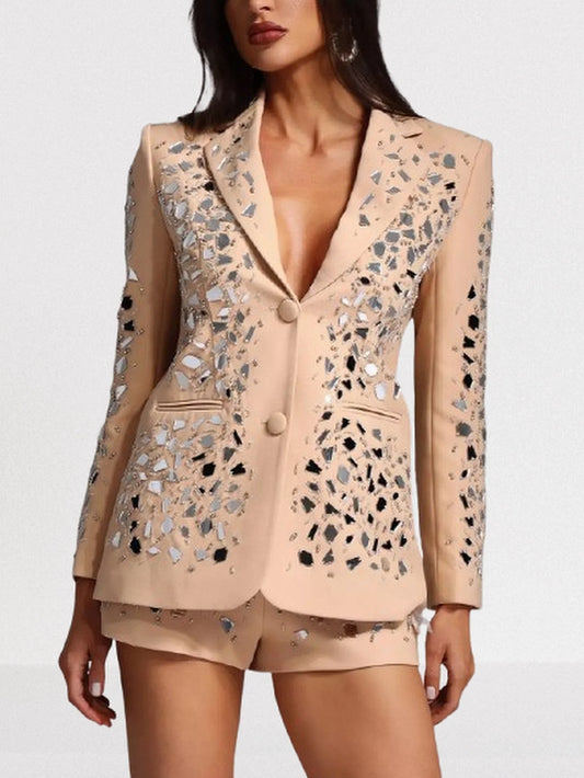 Mirror Sequin Embellished Blazer and Short Set Suits & Sets