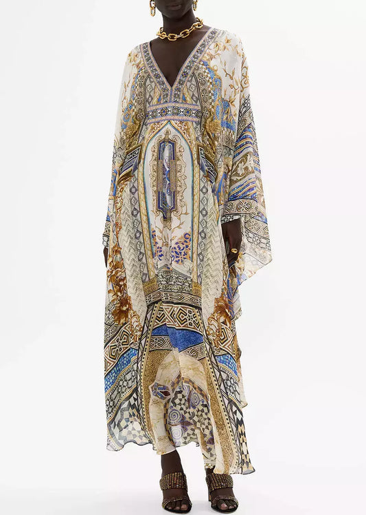 Mosaic Print V-Neck Long Silk Kaftan Dress - Dresses