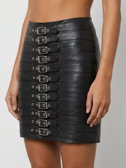 Multi-Buckle Genuine Leather Black Mini Skirt - Skirts