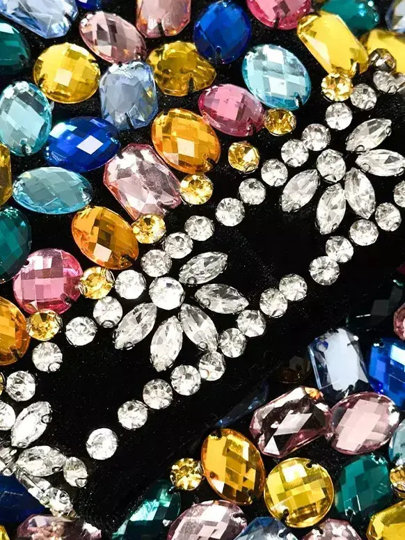 Multi-Color Gemstone Embellished Black Velvet Jacket - Jackets