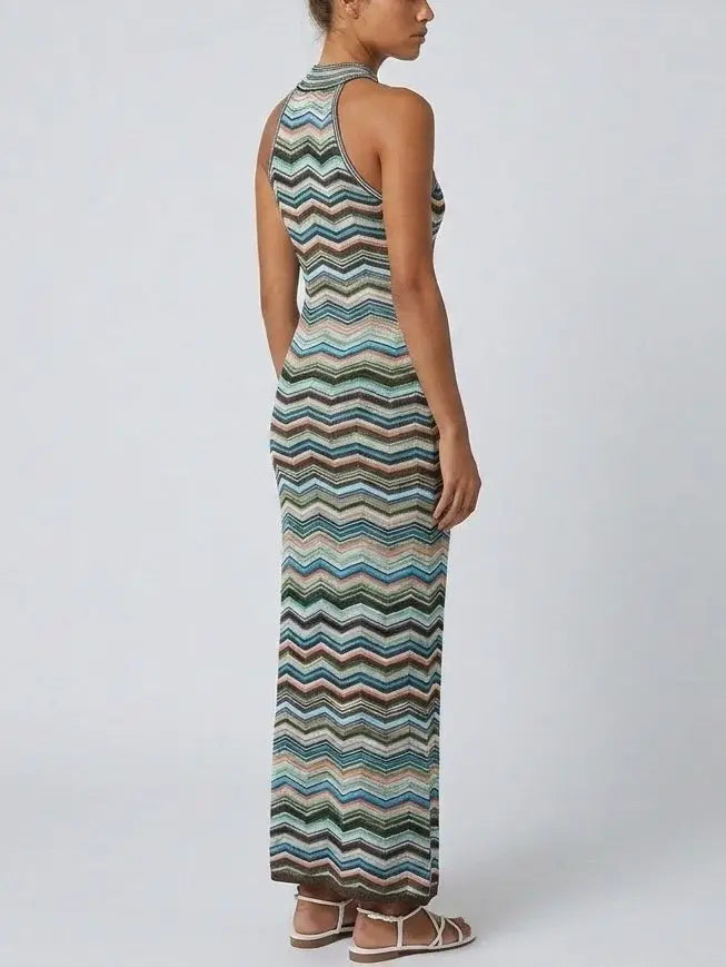 Multicolor Chevron Knit Halter Maxi Dress - Dresses
