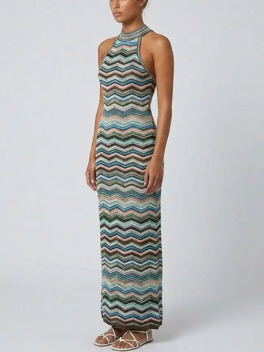 Multicolor Chevron Knit Halter Maxi Dress - Dresses