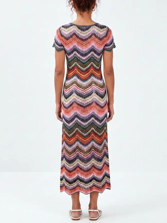 Multicolor Chevron Knit Short Sleeve Maxi Dress - Dresses