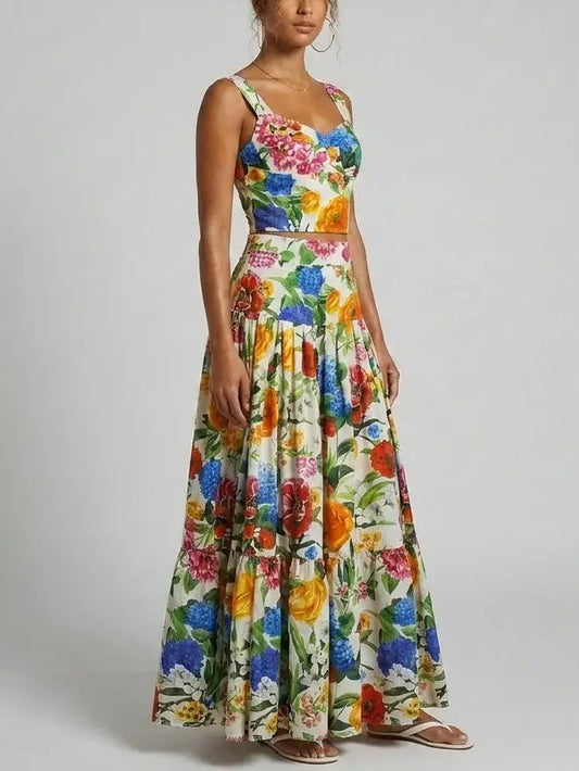 Multicolor Floral Bustier Top and Maxi Skirt Set - Suits & Sets